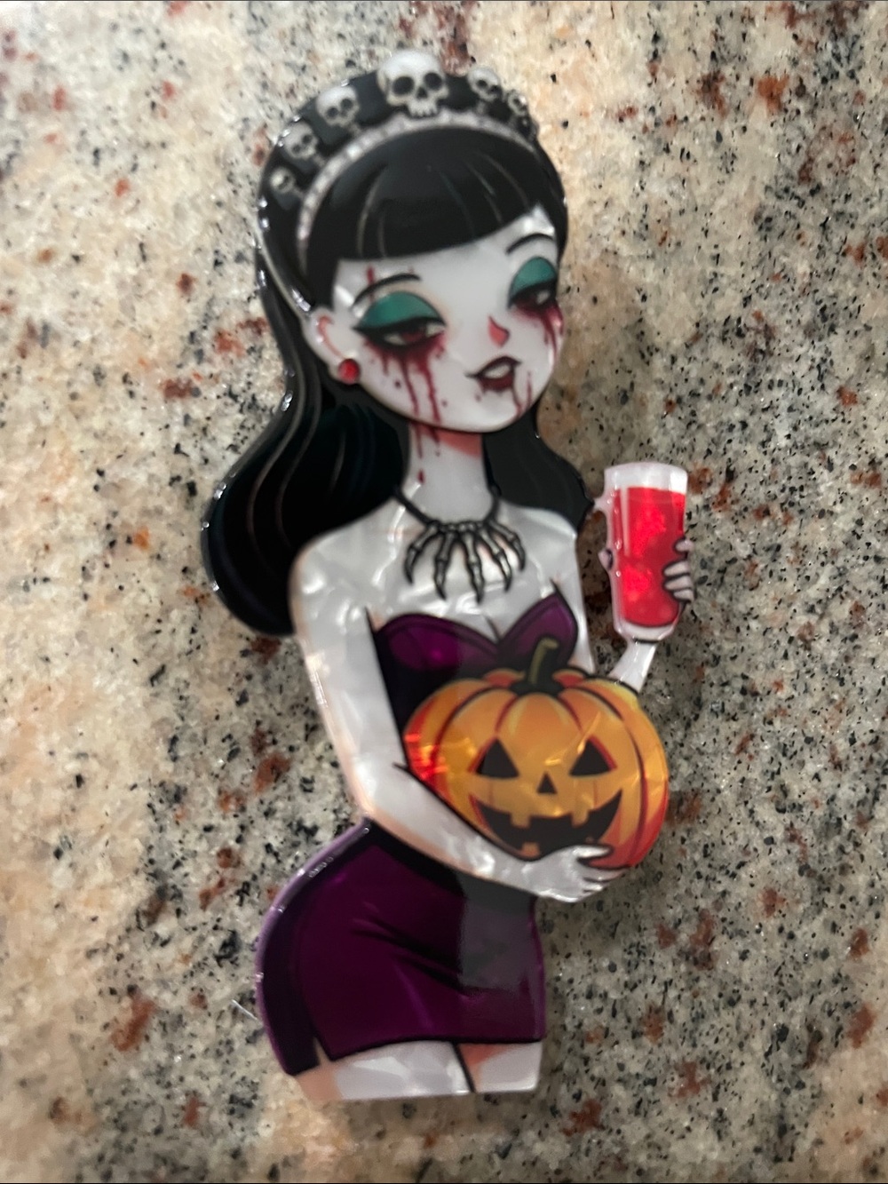 Gothic Vampire Girl Halloween Pin/Brooch - Purple & Orange